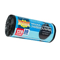 Мешки для мусора 120 л, с ушками, черные, в рулоне 30 шт., ПНД, 15 мкм, 1100х700 мм, Крепак, 4607075710375 в Калуге